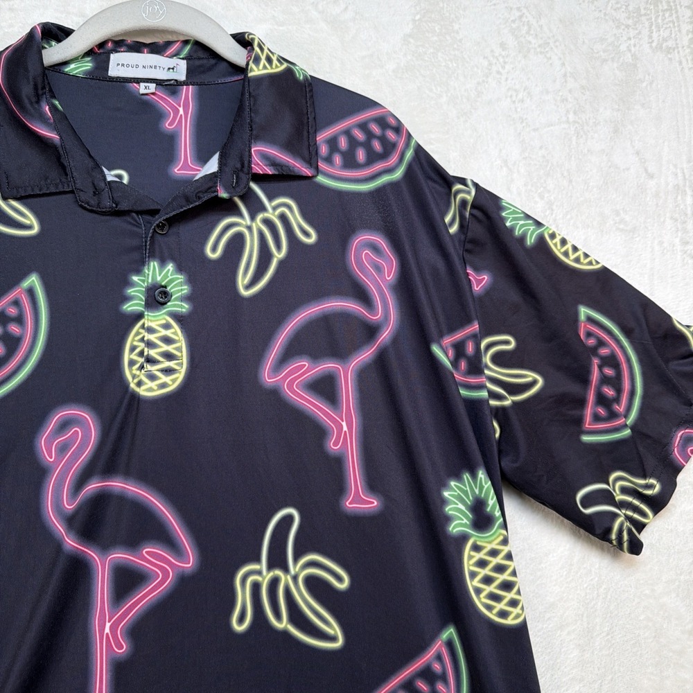 Proud Ninety Flamingo Pineapple Polo Shirt Tropical Golf Resort Mens XL Black